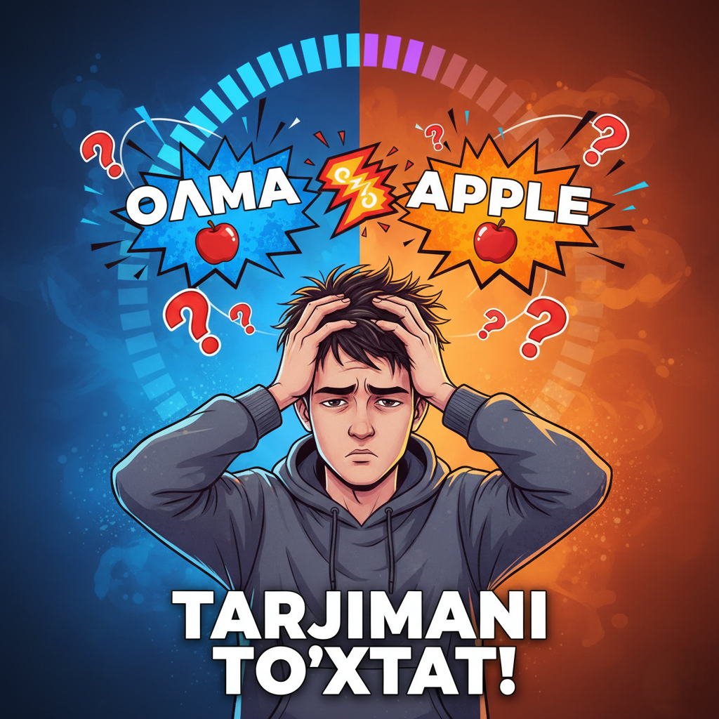 A vibrant, eye-catching YouTube thumbnail illustration. A stressed young person (Uzbek male student appearance, messy hair, hoodie) holds their head in frustration. Above their head, a large, glowing "buffering" or "loading" circular icon spins. Inside the loading icon, two cartoon thought bubbles are clashing: one on the left contains the word "OLMA" (in Cyrillic or Latin Uzbek script) and a picture of an apple, the other on the right contains the word "APPLE" and the same picture. Red question marks float around. The background is a split color scheme: chaotic blue on the left (Uzbek side), energetic orange on the right (English side). Bold, white text at the bottom center reads: "TARJIMANI TO'XTAT!" (Stop Translating!). Art style: Modern, expressive digital illustration, high contrast.